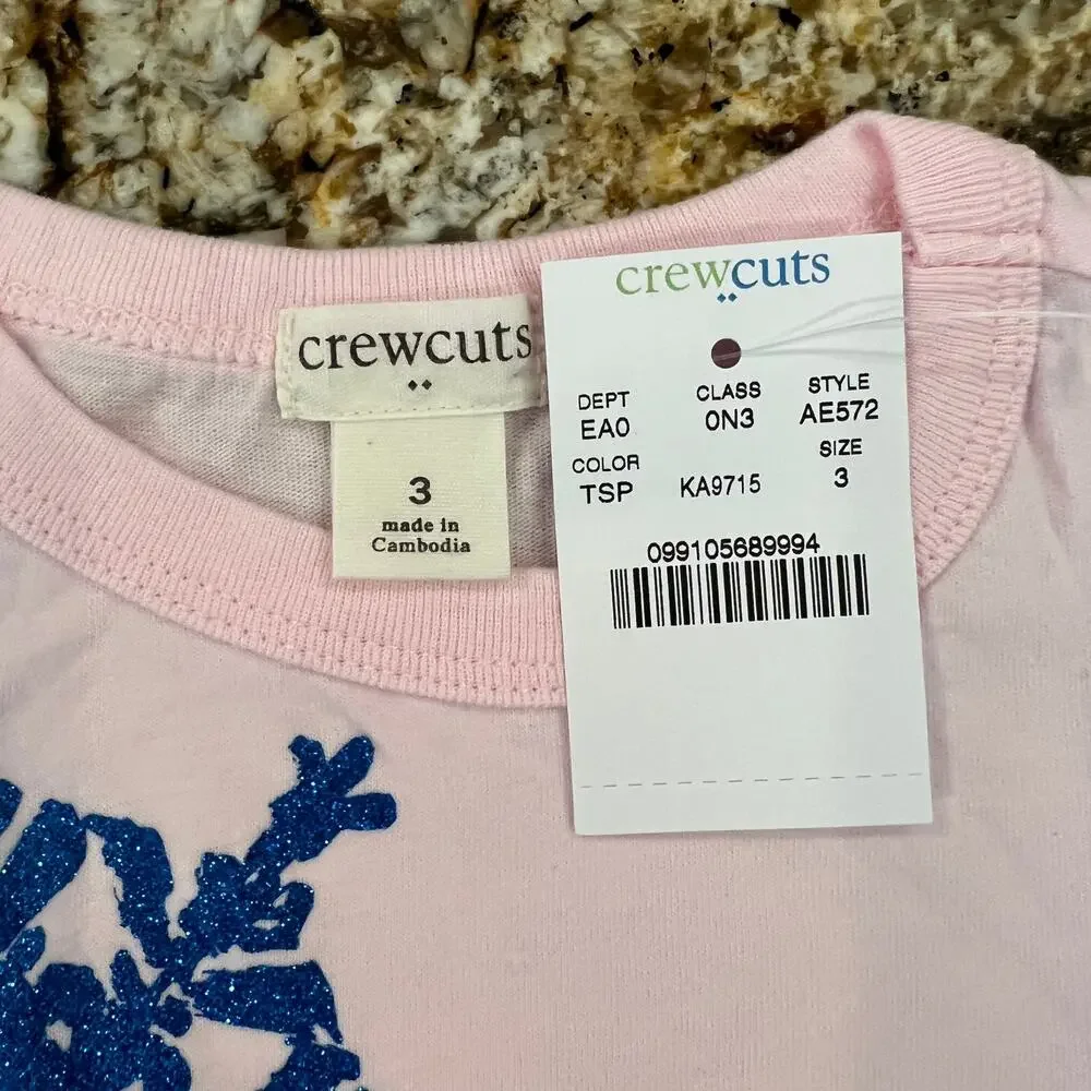 **NWT J. Crew Girls' Pink W/Blue & Silver Glitter Snowflakes Graphic Tee